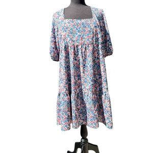 BCBG Paris Blue and Pink Puff Sleeve Dress